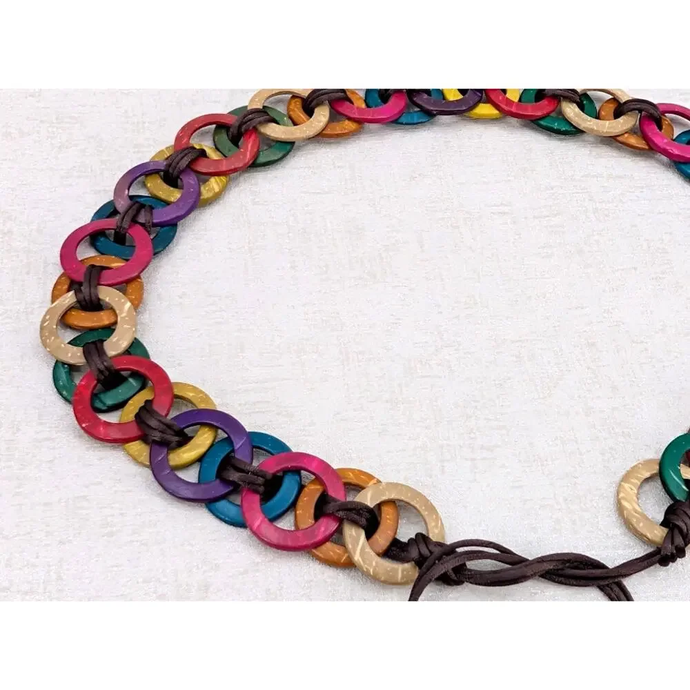 Rainbow Boho Belt Coconut Shell Ring Multicolor Artisan Handmade Art to Wear
